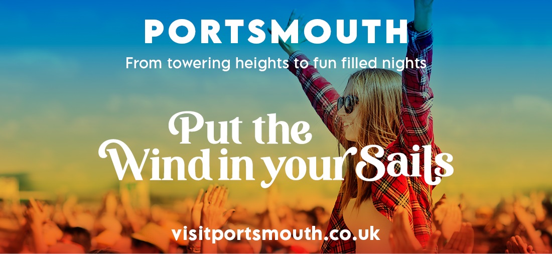 Photograph of a girl at a festival, overlaid with the text Portsmouth: Put the Wind in Your Sails